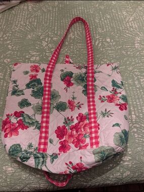 Quilted Floral Tote Bag with Pink Gingham Straps